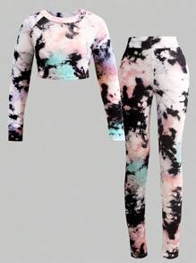 SHEIN 青少年女孩合身休闲简约舒适圆领长袖镂空后背上衣和裤子运动套装 - 彩色 - 查看 6