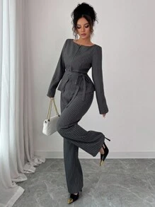 Siren Gaze 2 件套女士西装套装：灰色细条纹系腰夹克和裤子，女教师商务休闲办公装灰色细条纹两件套女士细条纹裤装优雅两件套长袖两件套条纹两件套女士 - 灰色 - 查看 1