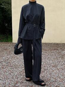 DAZY Women's Striped Casual Denim-Look Tie-Up Shirt & Elongated Pants Two Pieces Set, Korean Style, Elegant, Spring/Autumn - Blue - View 3