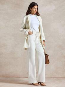 Briarwyn Pantalon droit décontracté pour femmes, couleur unie, avec œillets à la taille, liens et poches. Convient pour l'automne, la rentrée scolaire, le style "Old Money" et les voyages en avion - Blanc - Voir 5