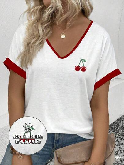 SHEIN New Style Plus Size Women Fashion Cherry Print Contrast V-Neck Short Sleeve T-Shirt