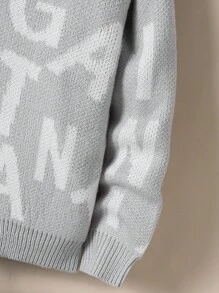 Tween Boy 1 Piece American Street Style Light Gray Letter-Print Cardigan , Classic V-Neck Button Front, Loose Fit Long Sleeve Knit Sweater, Medium Weight Soft Cardigan For School Daily Wear, Father-Son Matching, Birthday & New Year Gift Idea - Light Grey - View 3