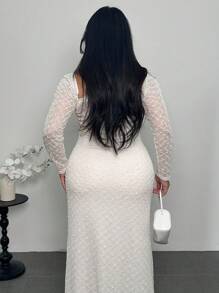 Firerie Vestido elegante y minimalista de moda básica estilo Ins, adecuado para la oficina, el transporte, los festivales de música, los viajes a la playa, de tela texturizada, cuello asimétrico, fruncido, ajustado, estilizador, manga larga, largo maxi, para mujeres, vestido de invitada de boda - Albaricoque - Ver 2