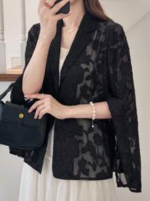 FRIFUL 女士黑色纯色透视网纱袖开衩休闲宽松百搭西装外套，适合机场、户外穿着及商务场合。 - 黑色 - 查看 1