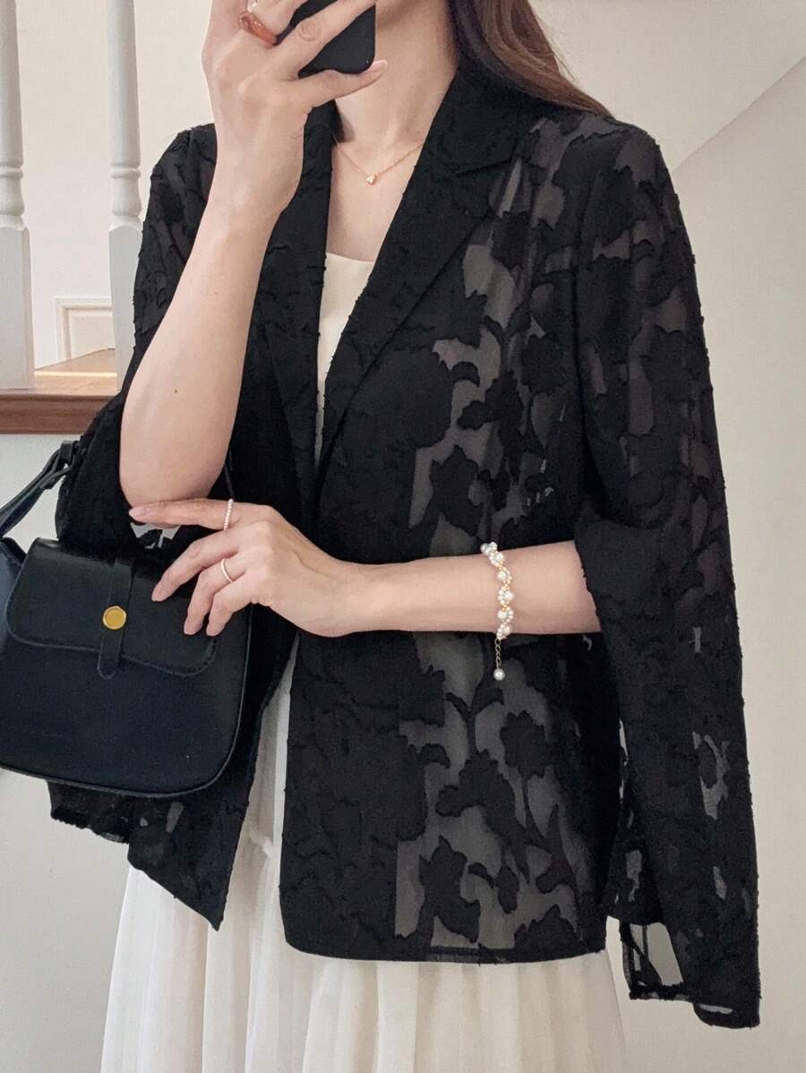 FRIFUL 女士黑色纯色透视网纱袖开衩休闲宽松百搭西装外套，适合机场、户外穿着及商务场合。 - 黑色 - 查看 1