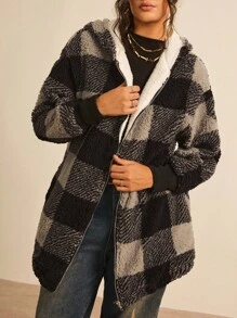 Freevana Plus Buffalo Plaid Pattern Drop Shoulder Hooded Teddy Coat Winter Fall Autumn - Black and White - View 4