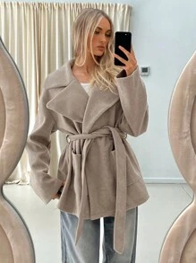 Aloruh 秋季女装，女士加厚卡其色翻领口袋宽松大衣，适合秋冬季节穿着。 - 卡其色 - 查看 8