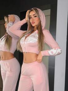 SHEIN ICON Women's Pink Letter Rhinestone Zipper Front Slim Fit Cropped Hoodie, Casual Streetwear Autumn Winter Clothes For Women - Pink - View 2