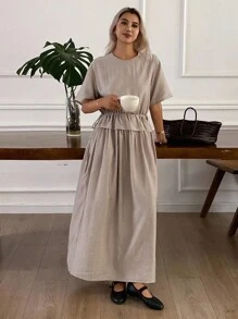 Livesso 女式夏季圆领短袖二合一束腰连衣裙 - 棕色 - 查看 1