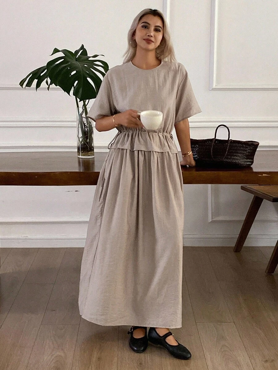 Livesso 女式夏季圆领短袖二合一束腰连衣裙 - 棕色 - 查看 1