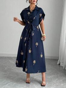 Franclia Robe mi-longue romantique pour vacances en tissu tressé avec broderie, col montant et ceinture à nouer, pour femmes de grande taille