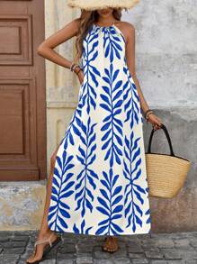 Brillora 女式露背系带流苏高开衩休闲印花沙滩度假连衣裙 - 彩色 - 查看 5