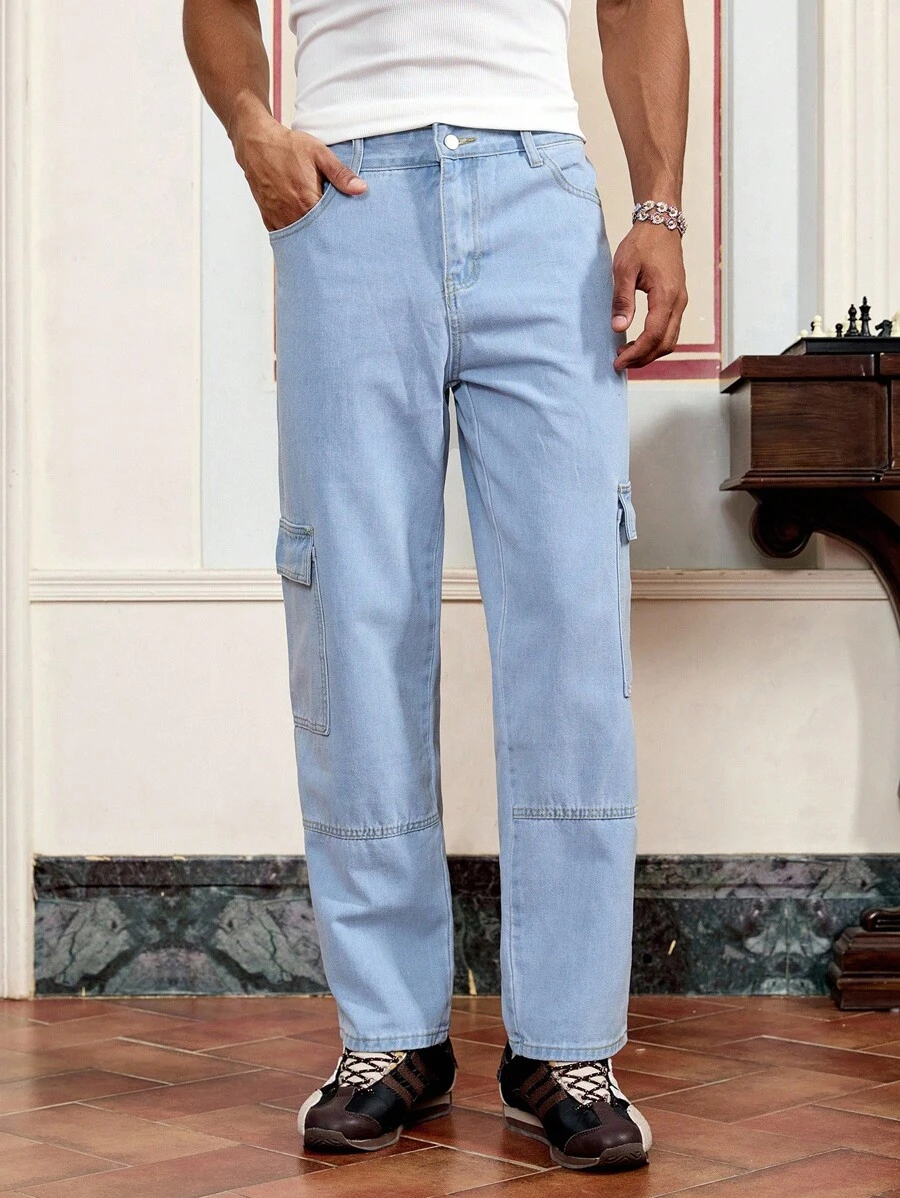 SWAVVY 男士天蓝色修身口袋休闲时尚长牛仔裤 - 藍色 - 查看 1