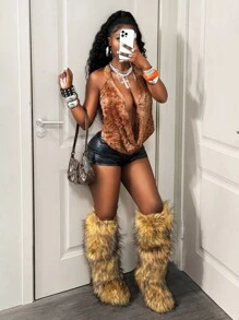 BamGleam Camiseta sin tirantes de mujer con escote en uve, efecto degradado y diseño calado, de estilo sexy y elegante - Óxido marrón - Ver 1