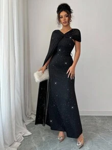 Elenzga 女士优雅秋季披肩领无袖连衣裙，闪亮面料，公主风格，纯色，适合约会和外出，长款 - 黑色 - 查看 4