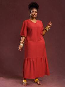 Slaydiva 2025 Bộ trang phục dự tiệc/nghỉ trưa phong cách miền Tây cổ điển cỡ lớn dành cho nữ, Lễ hội âm nhạc/Câu lạc bộ/Chuyến đi đường dài/Kỳ nghỉ/Thường ngày/Du lịch thành phố/Lễ tốt nghiệp, Váy dự tiệc thanh lịch dành cho nữ, Váy maxi dài tay chữ V bèo nhún cổ chữ V bằng vải gingham màu vàng họa tiết rộng rãi - Đỏ - Xem 5