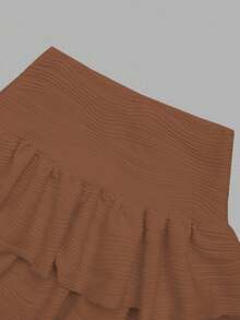 2 件套青少年女孩海滩度假日常法式甜美修身抹胸和高腰荷叶边迷你裙，针织面料吊带背心 - 棕色 - 查看 6