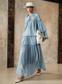 EMERY ROSE 女士四向弹力面料 H 型领荷叶边褶皱抽绳设计优雅约会长袖衬衫秋季女士度假波西米亚风女士休闲春季 - 藍色 - 查看 6