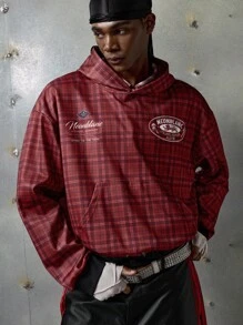 NEON BLANC Men's Fashionable Collegiate Style Red Plaid Knit Hoodie, Vintage Y2K Baggy Streetwear, For Fall, Winter, Holiday - Red - View 4