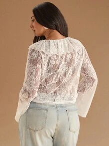 SHEIN BAE Áo cánh tay loe ren xếp nếp mỏng dài tay cỡ lớn cho nữ - trắng - Xem 2
