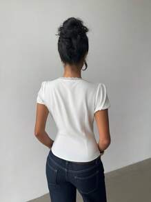 INAWLY 夏季休闲法式蕾丝花边泡泡袖衬衫 - 白色 - 查看 2