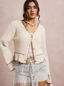 SHEIN VCAY Plus Size Women Casual Fashionable Button-Up Long Sleeve Cardigans Teacher In Fall/Winter - Beige - View 6