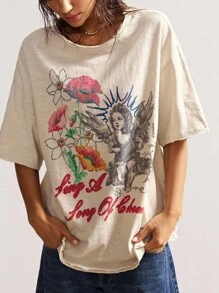 Bohemela 女士休闲纯色针织圆领短袖水洗宽松T恤 - 黑色 - 查看 4