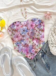 Soleia 休闲花卉印花短款女式上衣，适合夏季度假和海滩 - 紫色 - 查看 1