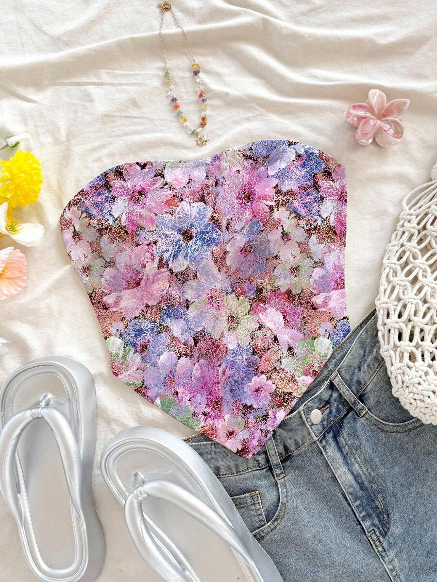 Soleia 休闲花卉印花短款女式上衣，适合夏季度假和海滩 - 紫色 - 查看 1