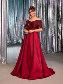 Glamrae Váy dạ hội cỡ lớn mùa thu đông thanh lịch và lộng lẫy màu đỏ rượu vang đính sequin, chất liệu satin sáng bóng, kiểu dáng trễ vai xếp ly, thích hợp cho các buổi tối, tiệc độc thân, hẹn hò, lễ hội, khiêu vũ, lễ tốt nghiệp, đám cưới, sự kiện dạ hội (kiểu dáng cầu kỳ), trang phục Gothic, Ngày Valentine. - Màu Đỏ Sâu - Xem 6