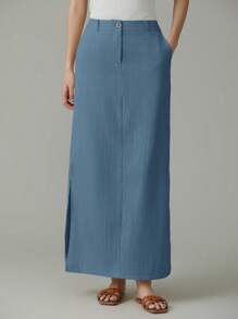 EMERY ROSE Women Solid Color Pocket Side Slit Hem Straight Casual Skirt - Blue - View 4