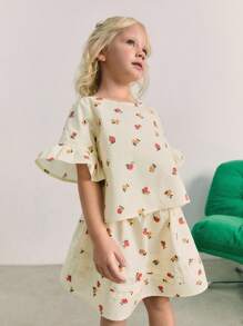 Maija Kids Maija Kids 2件套少女船领荷叶边袖衬衫和短裤套装 - 杏色 - 查看 4