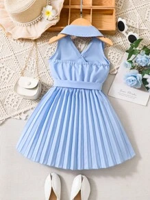 SHEIN Young Girl Pleated Hem Belted Halter Dress Dress Young Girl Blueblue Dress For Young Girl>Cutegirls Dresses Bluegirls Dress Bluebaby Blue Young Girl Dress - Baby Blue - View 2
