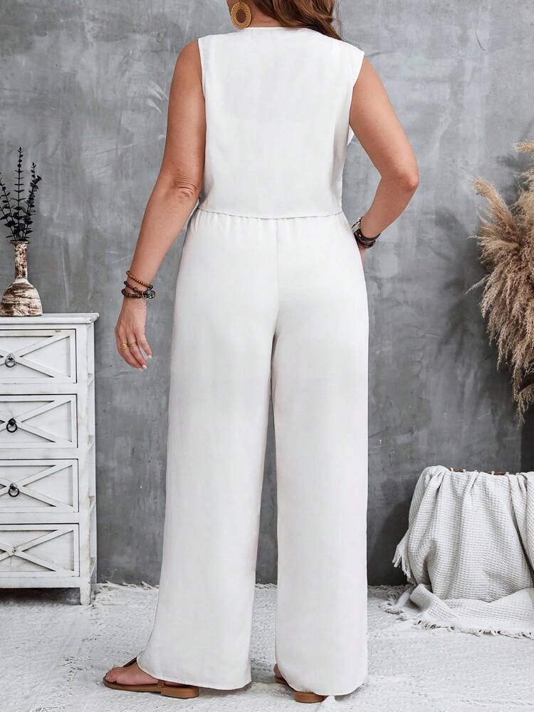 Plus Size Geometric Print Vest & Pants 2 Pieces Set, Casual Holiday Outfit Boho Vacation Fall Women Clothes Country Concert Outfit Western Clothes For Women Boho Two Piece Set