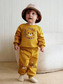 Cozy Pixies 2pcs Baby Boy Cartoon Lion Pattern Soft Knit Pullover Sweatshirt Sweatshirt With Ear Design And Elastic Waist Pants Set - Yellow - View 5