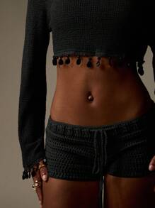 MISSGUIDED 波西米亚风露肩针织短款上衣长袖流苏装饰节日钩针毛衣秋冬休闲波西米亚风喇叭袖 - 黑色 - 查看 5