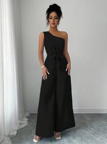 Elenzga Elegant Commuter Solid Color Jumpsuit - Black - View 4