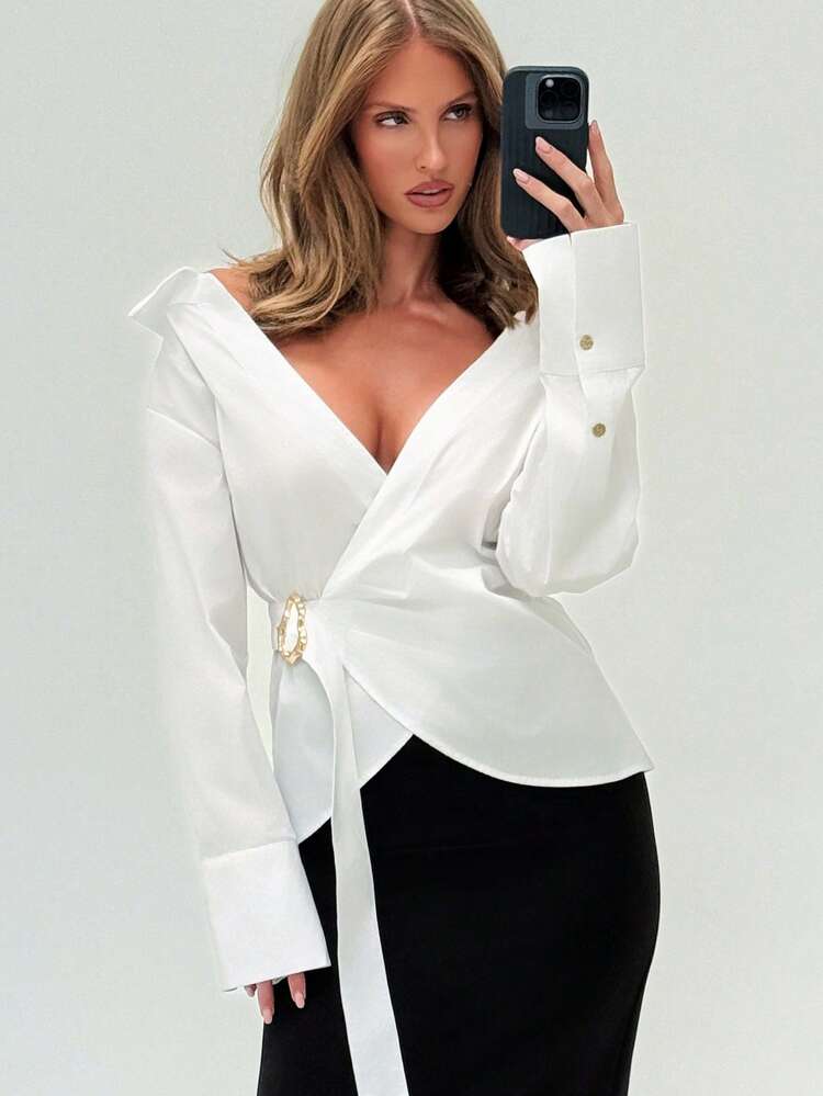 Elegant Wrap Blouse Long Sleeve With Decorative Gold Ring Detail