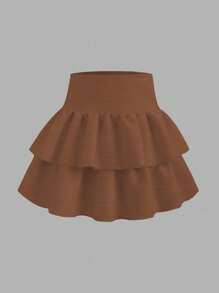 2 件套青少年女孩海滩度假日常法式甜美修身抹胸和高腰荷叶边迷你裙，针织面料吊带背心 - 棕色 - 查看 5