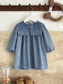 SHEIN Robe en jean ample à manches lanternes lavées avec col surdimensionné, style mode été pour bébé fille. Convient pour les sorties, les courses, les fêtes, les activités décontractées à la maison et en extérieur