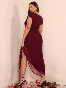 SHEIN BAE Plus Size Asymmetrical Shoulder Ruched Slit Flounce Elegant Fitted Dress, Formal Party Dress, Suitable For Summer, Birthday, Valentine's Day/ Plus Size Burgundy Formal Dress/ Plus Size Ruffled Dress/ Plus Size Elegant Dress/ Plus Size Asymmetrical Dress/ - Burgundy - View 2