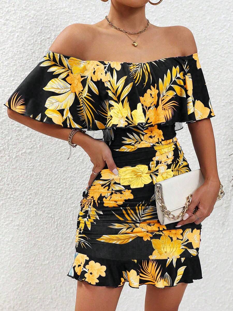 Selianne Đầm ôm body trễ vai in họa tiết cây xanh trang phục đi biển cho nữ - Màu vàng - Xem 1