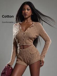 NYA SZN Long Sleeve Fitted Textured Cardigan Business Casual Office Neutral Brown Basic Vintage Look Cute Statement Festival Kings Day - Brown - View 1