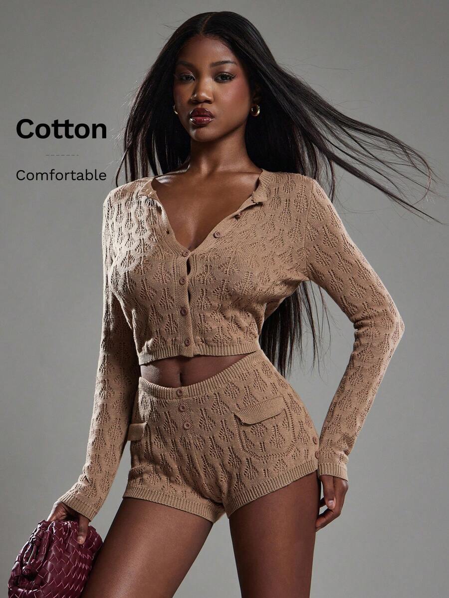 NYA SZN Long Sleeve Fitted Textured Cardigan Business Casual Office Neutral Brown Basic Vintage Look Cute Statement Festival Kings Day - Brown - View 1
