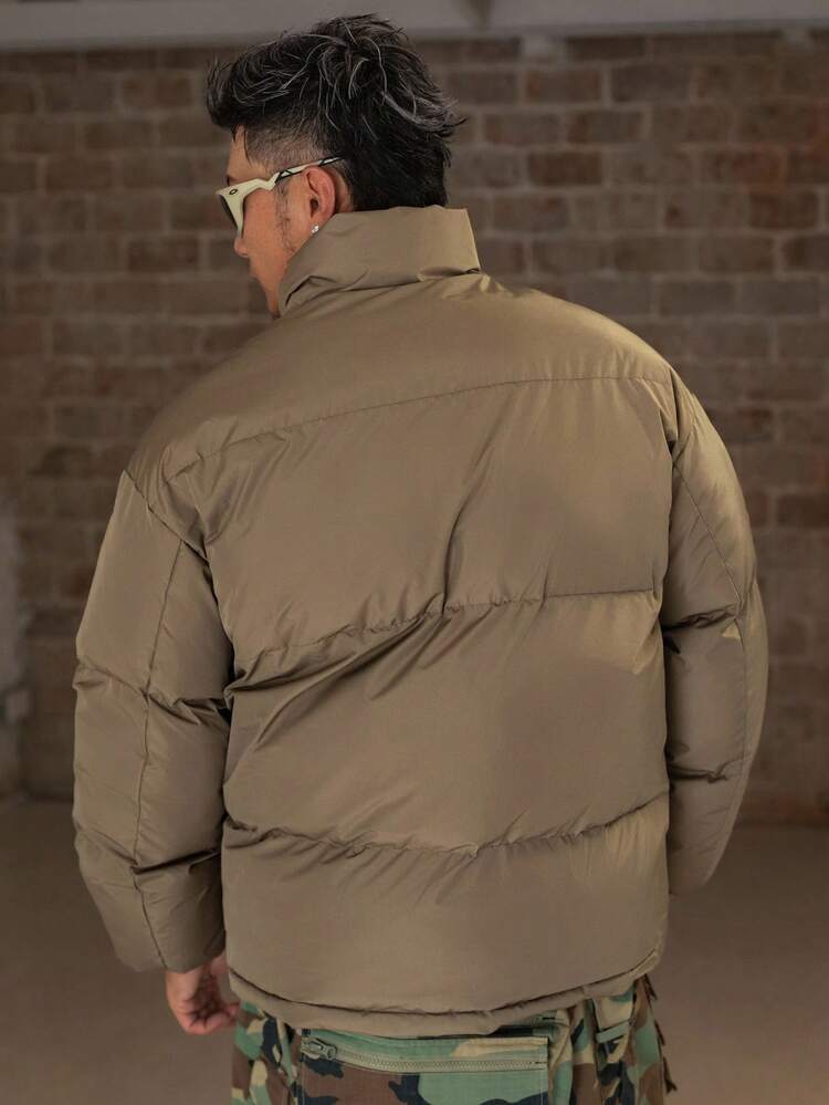 Men's Solid Color Khaki Contrast Zipper Design Regular Fit Padded Coat, Winter Jacket