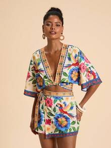 Travachic 2件套女士度假印花短款衬衫和高腰短裤套装 - 彩色 - 查看 5