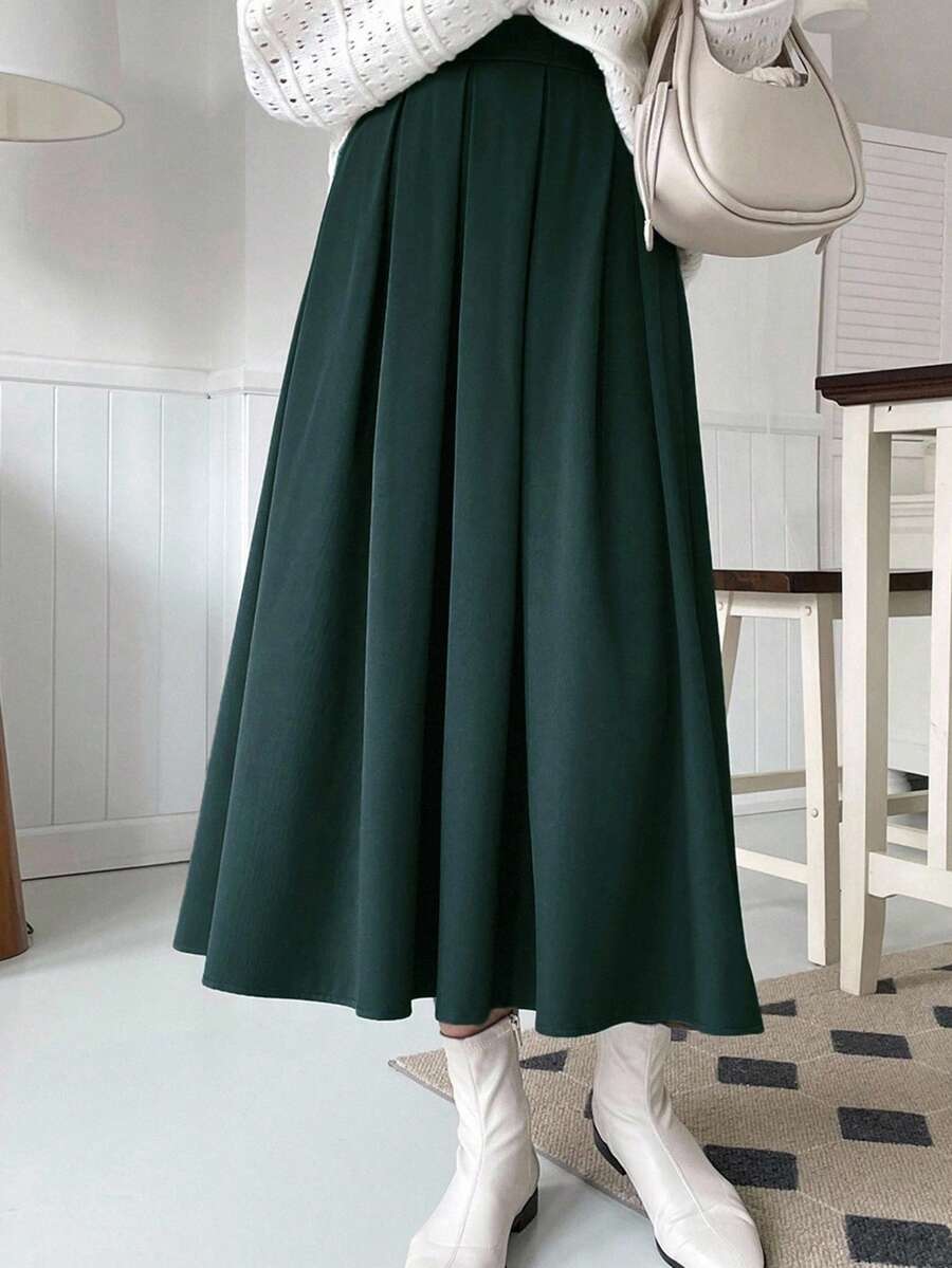 DAZY Women's Casual Solid Color Pleated Skirt Fall
