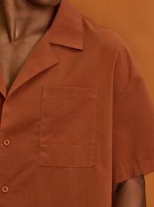 Musero Men Short Sleeve Button Through Revere Collar Front Chest Pocket Shirt - Orange - View 6