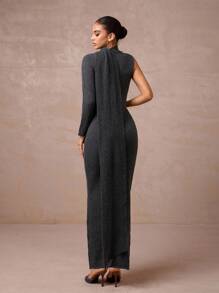 Lumalex Fall Winter Goth Modest Old Money Glitter Holiday Party Outfit Rave Festival Outing Vacation Bohemian BOHO Outdoor Richly Layered Wedding Season Banquet Coming Of Age Ceremony Asymmetrical Neck Wrap Neck Bodycon Knit Dress For Women Open Shoulder Dress Elegant One Sleeve Dress Maxi Dress Asymmetrical Dress Gray Dress Luxury Prom Christmas New Year - Dark Grey - View 2