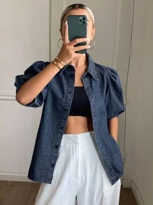 Livesso 女式夏季翻领泡泡袖收腰牛仔衬衫